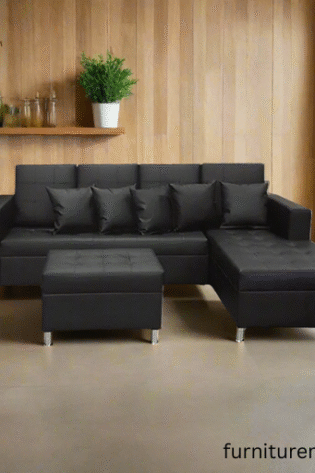 6 Seater Black L Shape Sofa Set + Ottoman For Sale In Lahore DHA